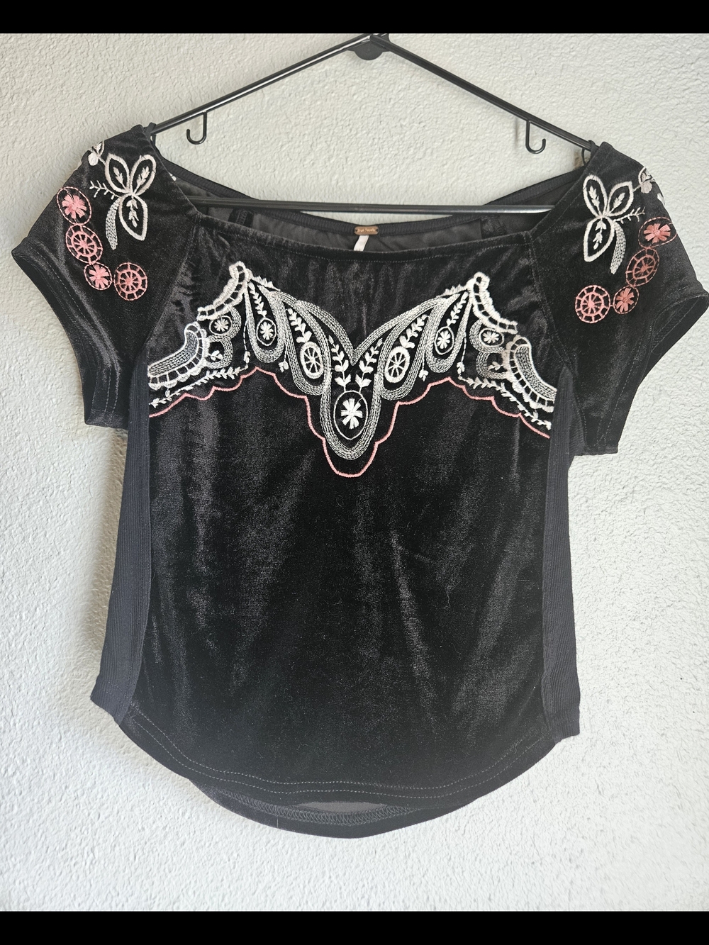 Free People Party Train Black Velvet Embroidered Boho Top Crop Blouse XS